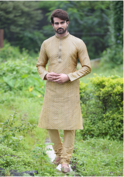 Gold Color Jacquard And Art Silk Fabric Kurta Set